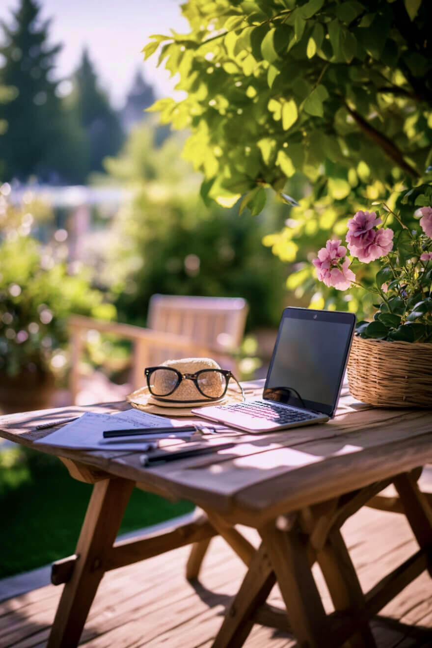 Summer writing outside in the garden Picture of a picnic table in the garden with laptop, pens, and papers on the table.